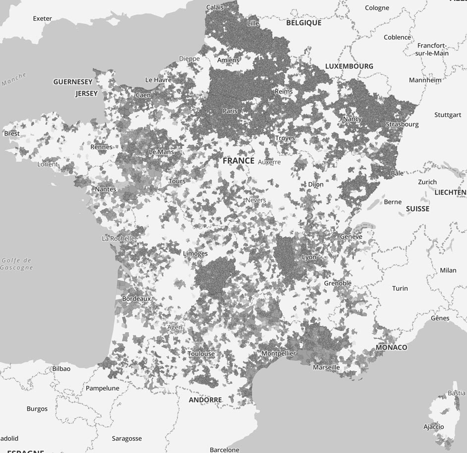 Carte du déploiement de la  fibre en France (source ARCEP - MàJ du 06/01/2022)